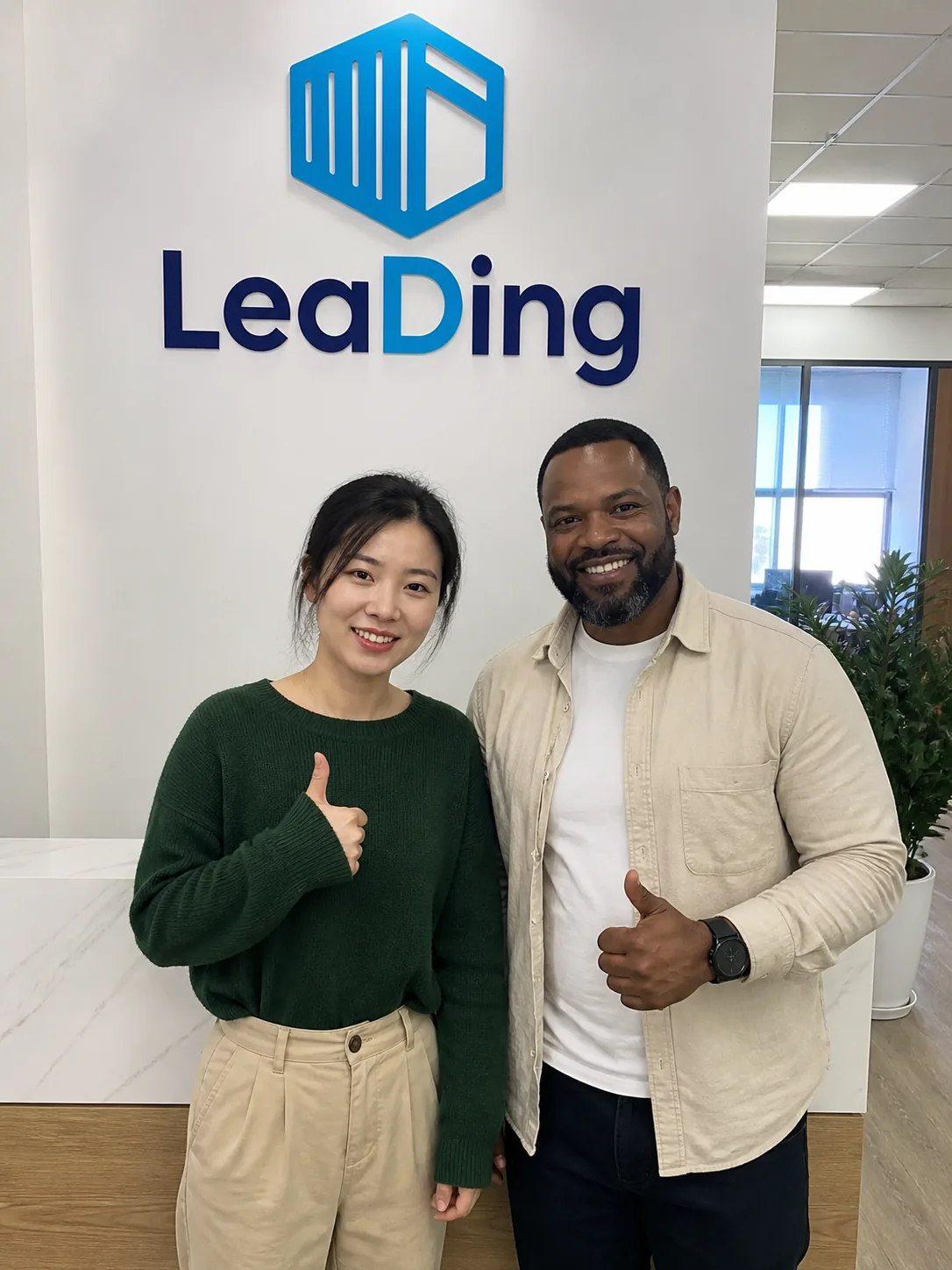 LeaDing representative with an international visitor at a company reception area