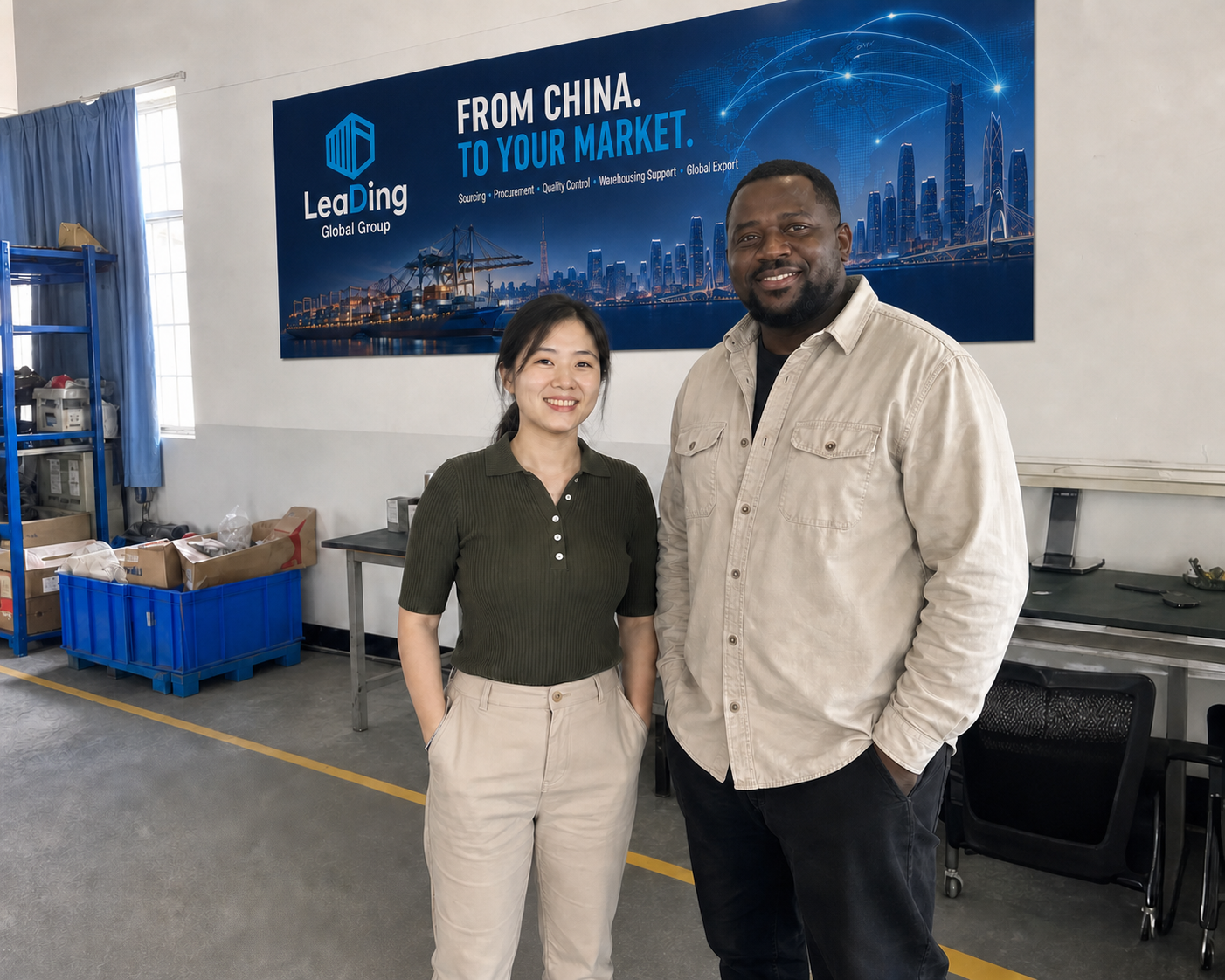LeaDing representative meeting an international visitor in a factory workspace