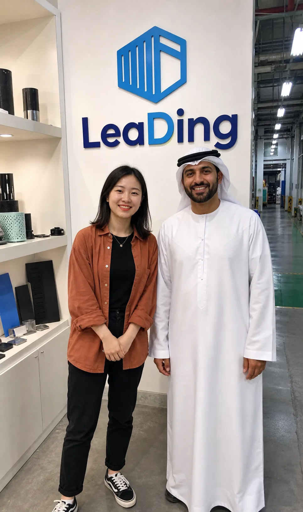 LeaDing representative and a Middle Eastern visitor beside a factory production area