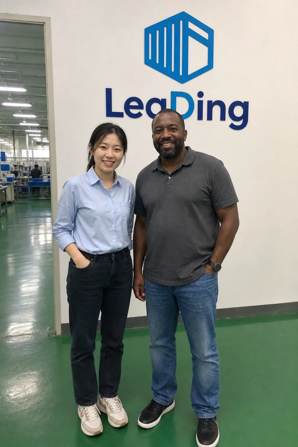LeaDing representative and an international visitor standing beside a production floor