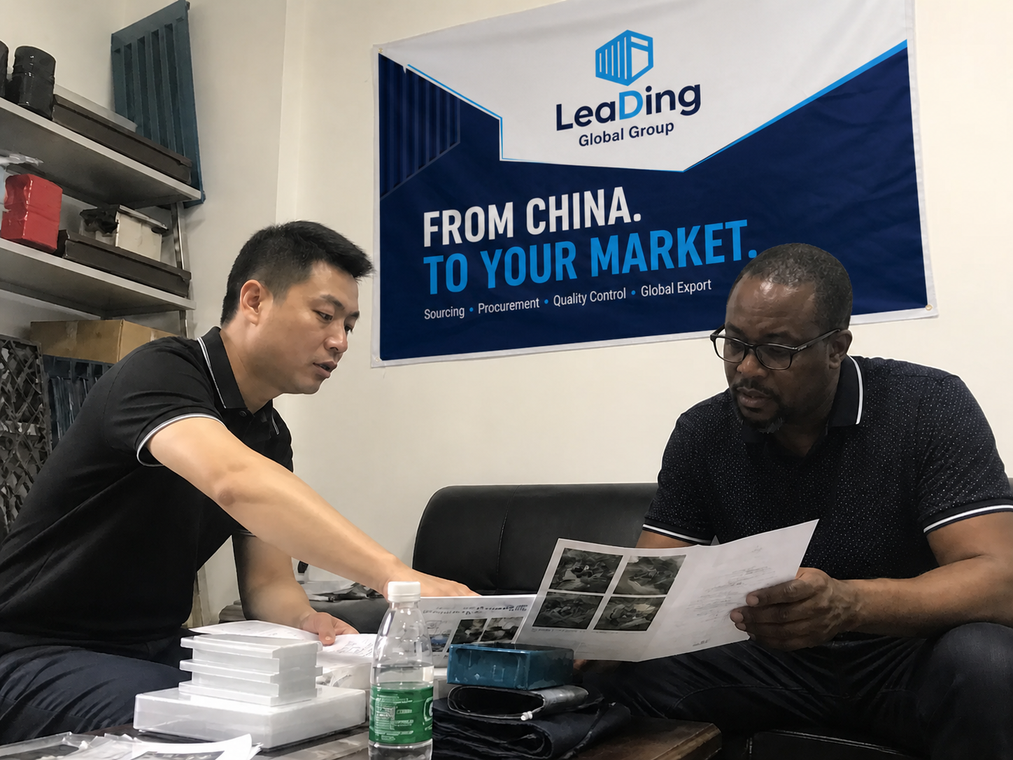 LeaDing representative discussing product documents with an international buyer