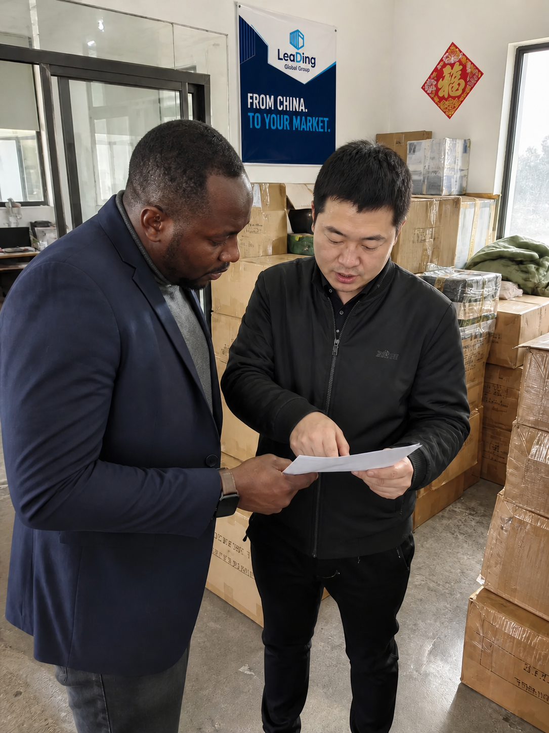 A China-side representative reviewing order documents with an international buyer