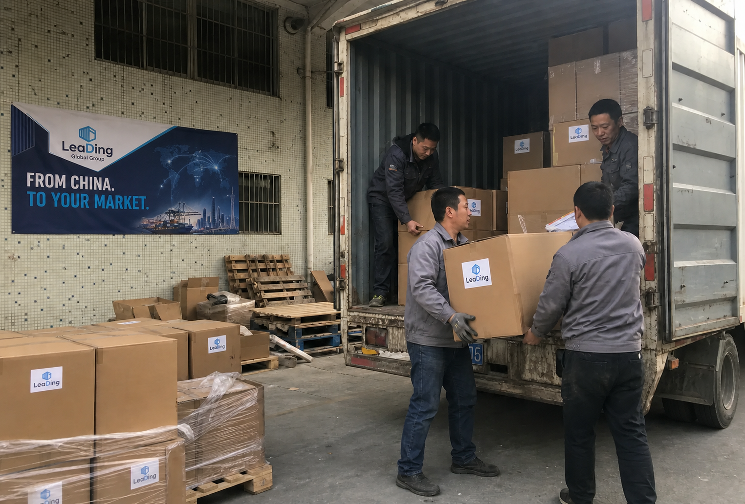 Workers loading LeaDing-labelled cartons beside the updated LeaDing wall banner