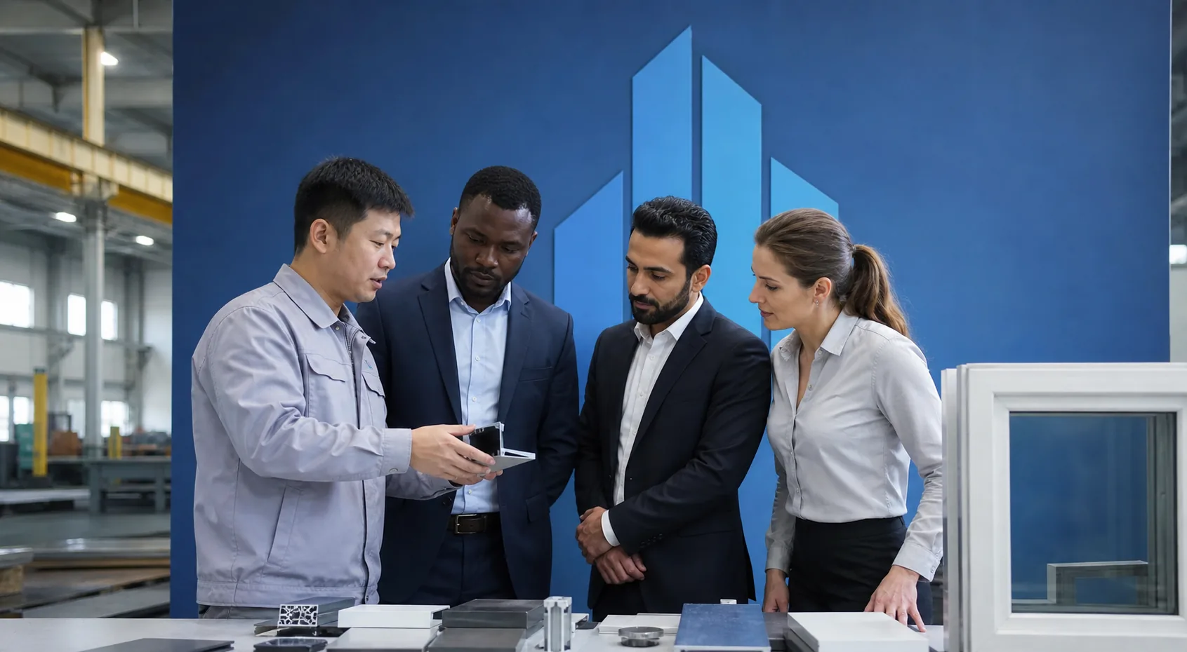 A factory representative presenting material samples to an international sourcing group