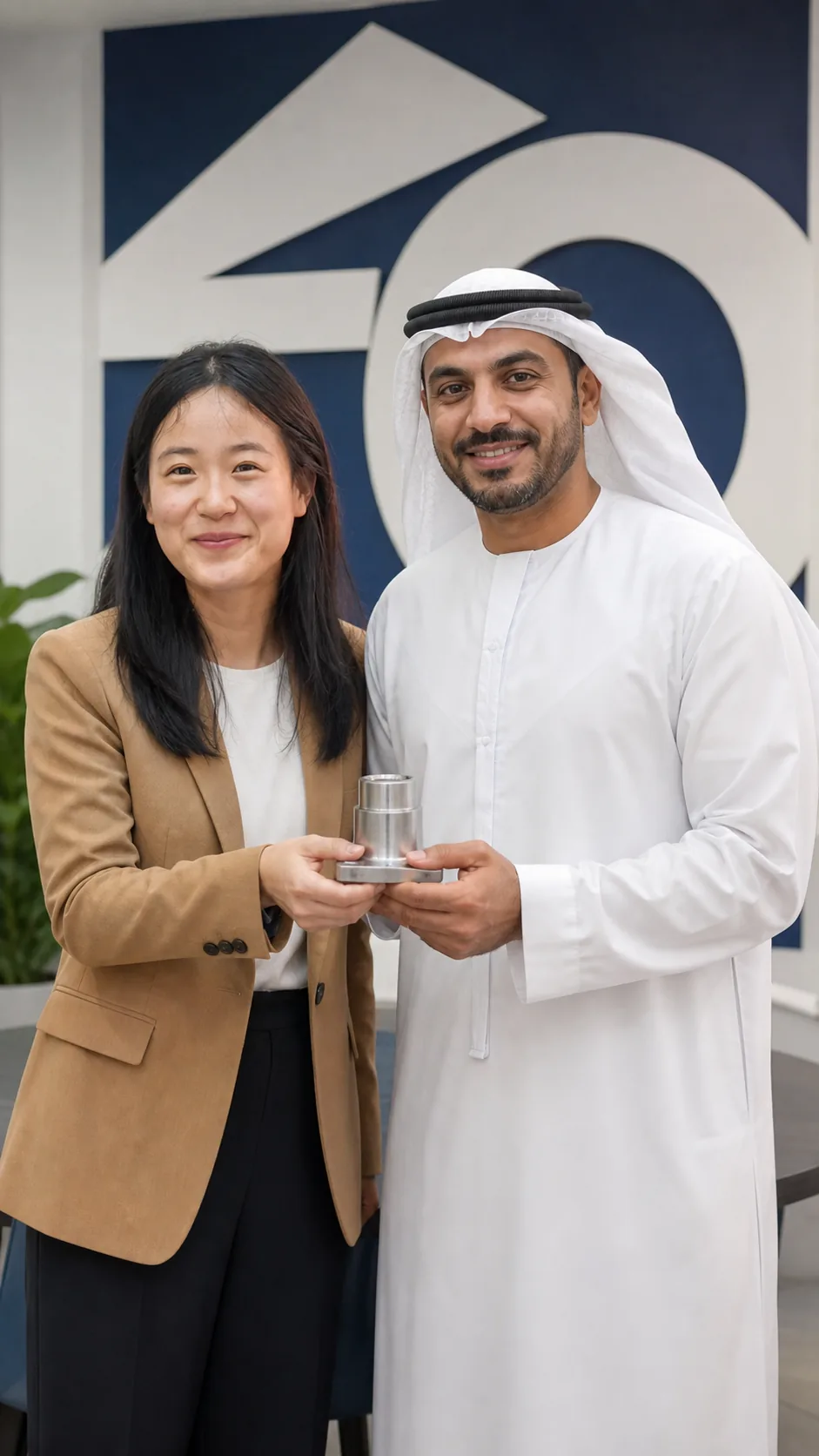LeaDing representative and a Middle Eastern buyer holding a manufactured component