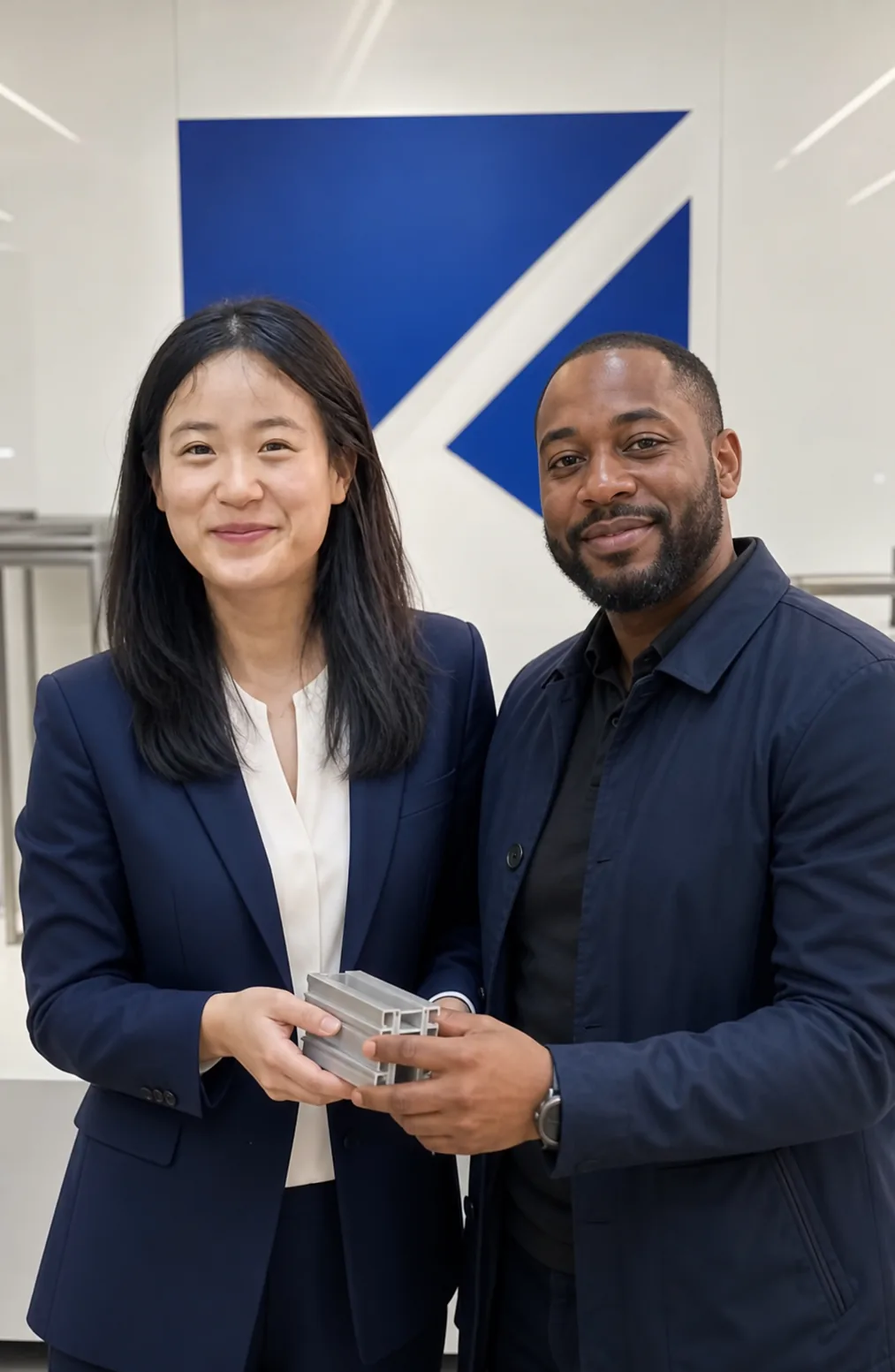 LeaDing representative and an international buyer holding a material sample