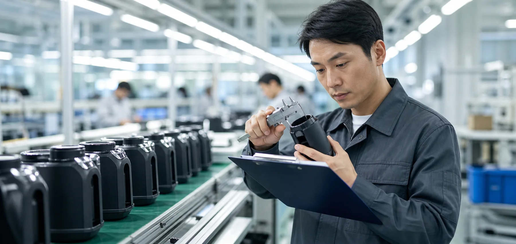 Product inspector checking measurements on a production line