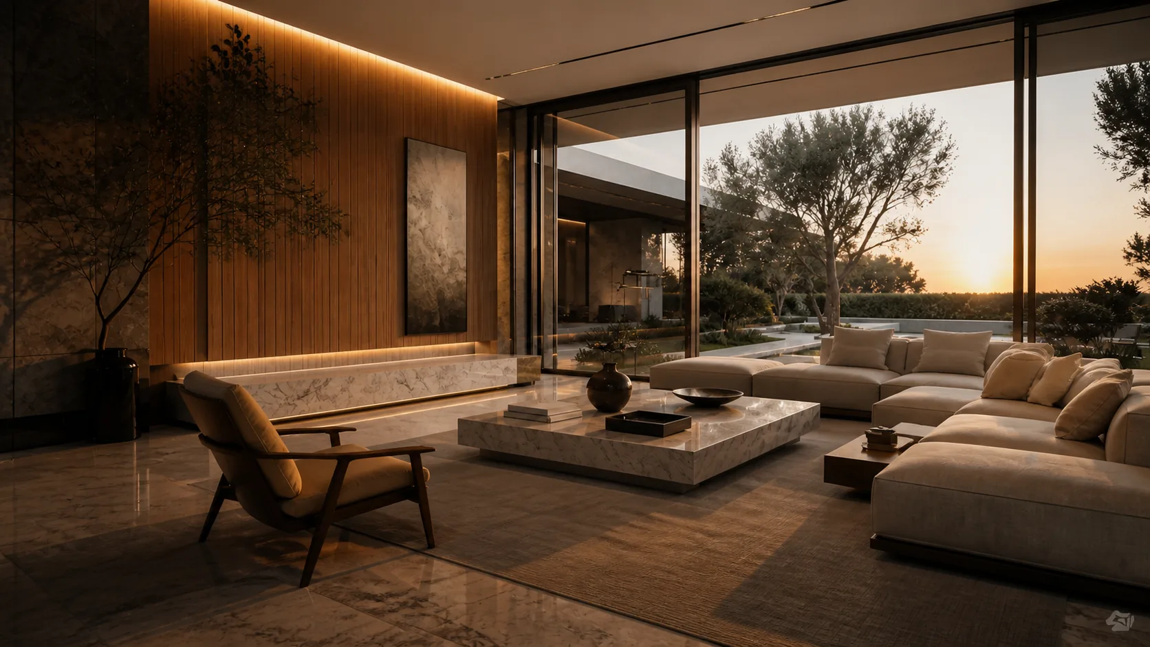 Luxury living room concept with warm wood wall panels, stone surfaces and integrated lighting