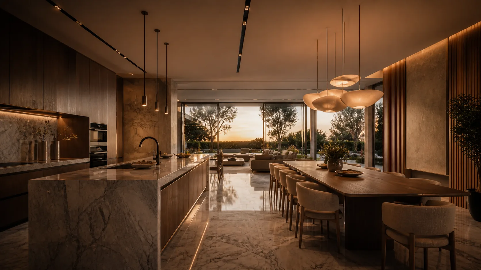Premium hospitality-style kitchen and dining interior with marble, wood cabinetry and designer lighting