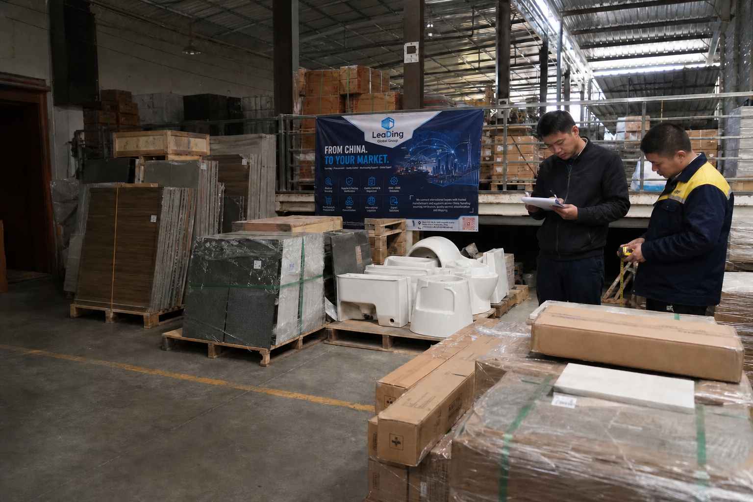 Representative interior materials and hospitality sourcing workflow beside the LeaDing Global Group banner