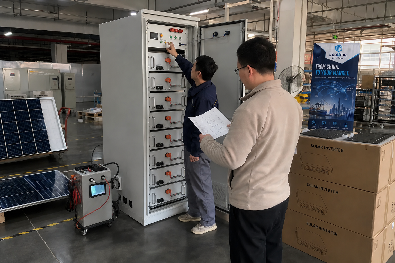 Representative energy storage sourcing workflow beside the LeaDing Global Group banner
